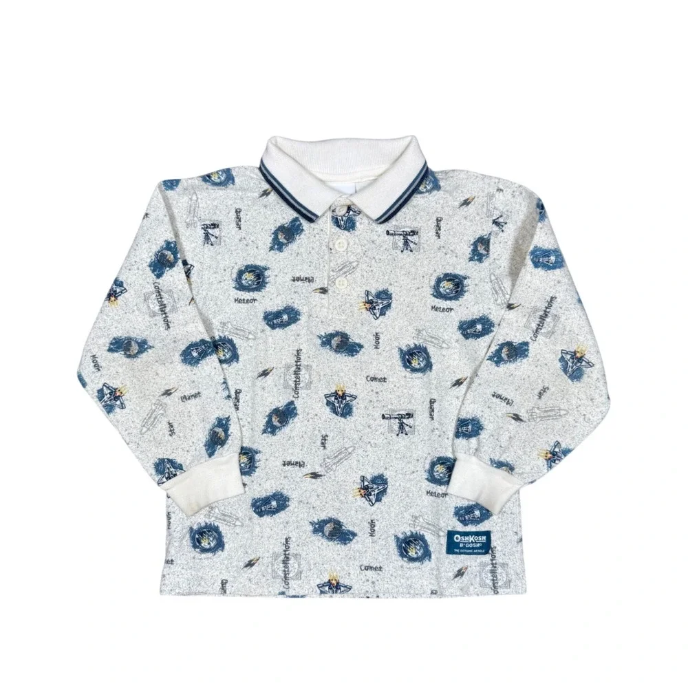 Vintage OshKosh Bgosh Kids Space Print Long Sleeve Polo Shirt Size 5